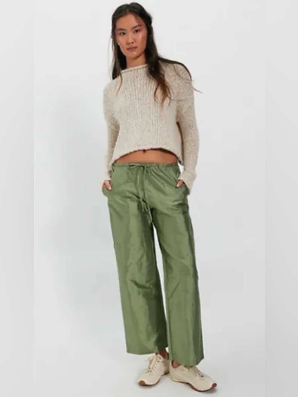 DONNI. Olive Wide-Leg Drawstring Utility Pants